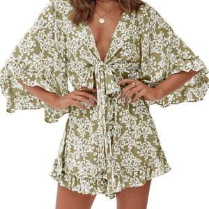 Green and white floral romper with flowy sleeves